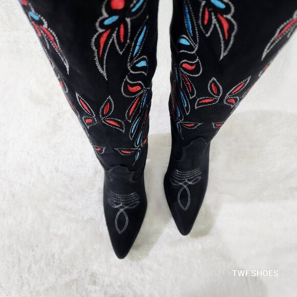 Size 10 Black Faux Suede Western Cowgirl Knee Boots Colorful Embroidered Design - Picture 3 of 10